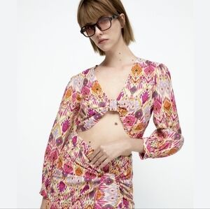 Zara watercolor print sexy crop top with knot orange pink Large T9